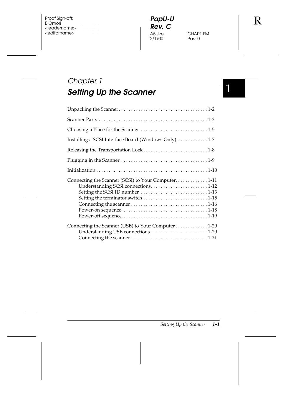 Setting up the scanner, Chapter 1, Papu-u rev. c | Epson GT-7000 User Manual | Page 15 / 120