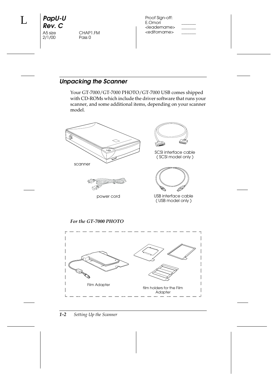 Unpacking the scanner, Unpacking the scanner -2, Papu-u rev. c | Epson GT-7000 User Manual | Page 16 / 120