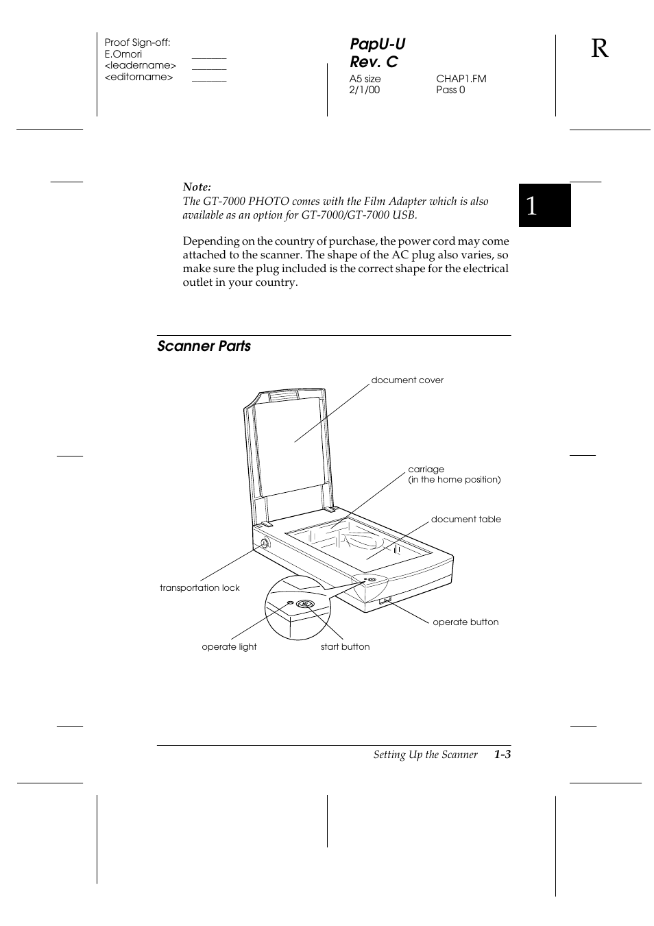 Scanner parts, Scanner parts -3, Papu-u rev. c | Epson GT-7000 User Manual | Page 17 / 120