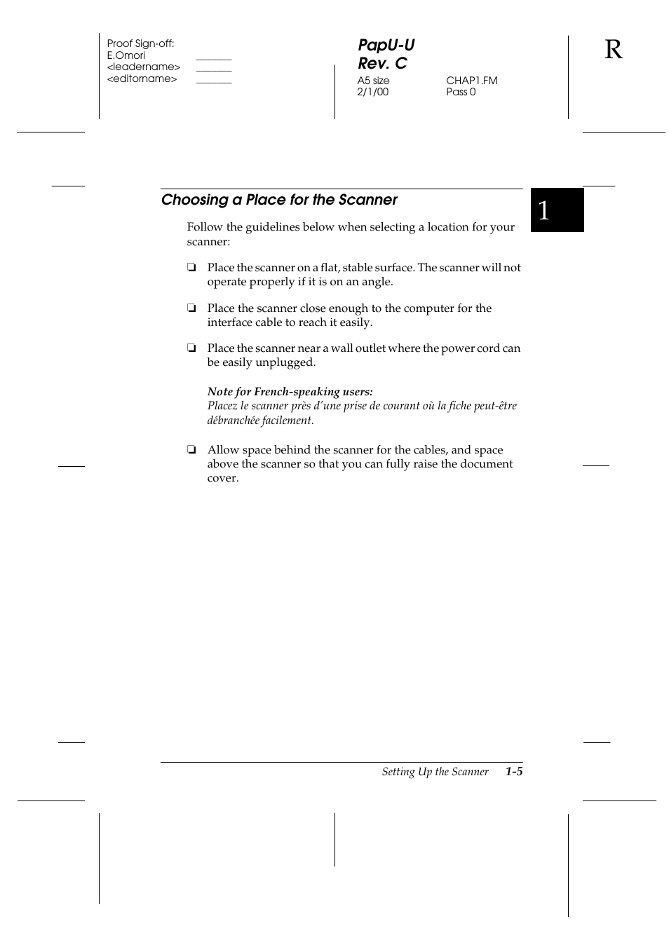 Choosing a place for the scanner, Choosing a place for the scanner -5, Papu-u rev. c | Epson GT-7000 User Manual | Page 19 / 120