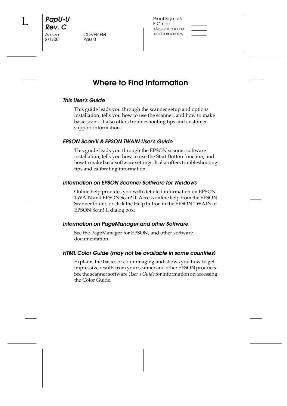 Where to find information, This user's guide, Epson scan!ii & epson twain user's guide | Information on epson scanner software for windows, Papu-u rev. c | Epson GT-7000 User Manual | Page 2 / 120