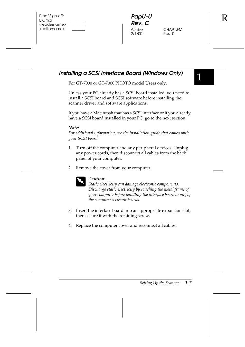Installing a scsi interface board (windows only), Papu-u rev. c | Epson GT-7000 User Manual | Page 21 / 120