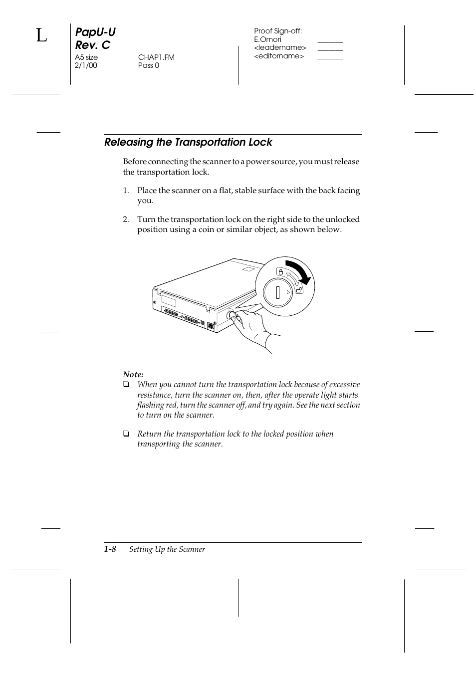 Releasing the transportation lock, Releasing the transportation lock -8, Papu-u rev. c | Epson GT-7000 User Manual | Page 22 / 120