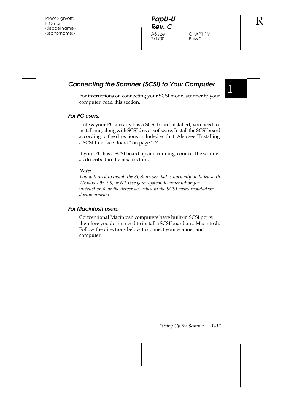 Connecting the scanner (scsi) to your computer, For pc users, For macintosh users | Connecting the scanner (scsi) to your computer -11, Papu-u rev. c | Epson GT-7000 User Manual | Page 25 / 120