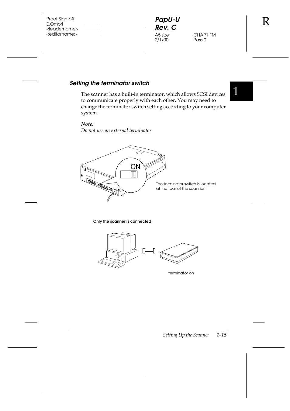 Setting the terminator switch, Setting the terminator switch -15, Papu-u rev. c | Epson GT-7000 User Manual | Page 29 / 120