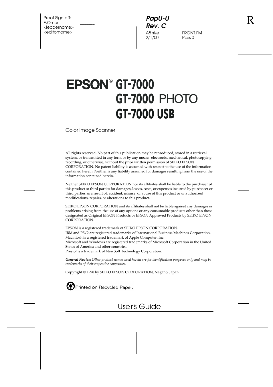 Copyright, User's guide, Papu-u rev. c | Epson GT-7000 User Manual | Page 3 / 120