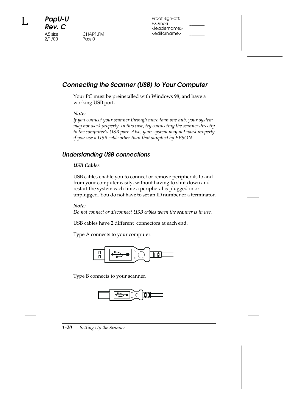 Connecting the scanner (usb) to your computer, Understanding usb connections, Connecting the scanner (usb) to your computer -20 | Understanding usb connections -20, Papu-u rev. c | Epson GT-7000 User Manual | Page 34 / 120