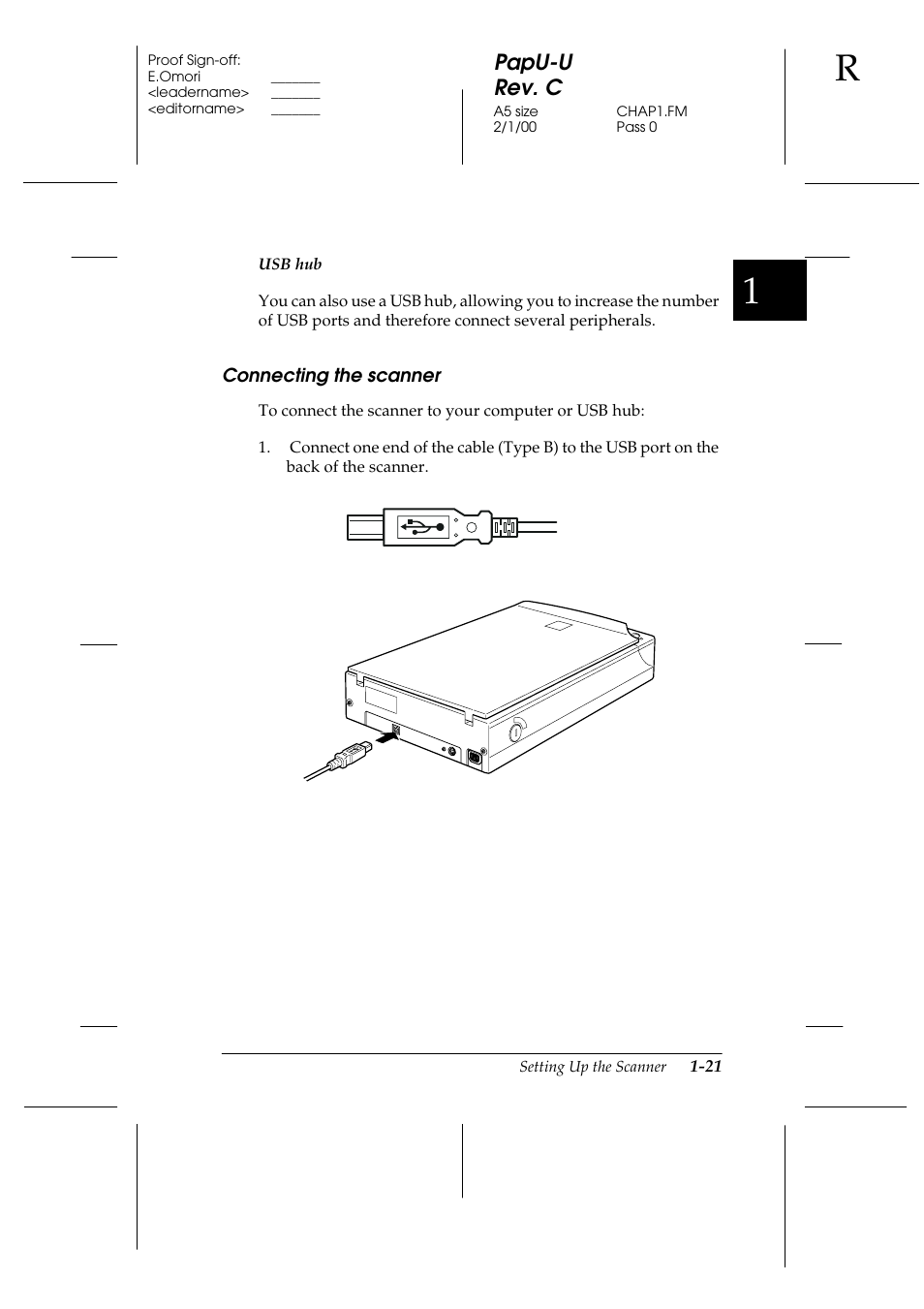 Connecting the scanner, Connecting the scanner -21, Cleaning or replacing the paper path guide -3 | Papu-u rev. c | Epson GT-7000 User Manual | Page 35 / 120