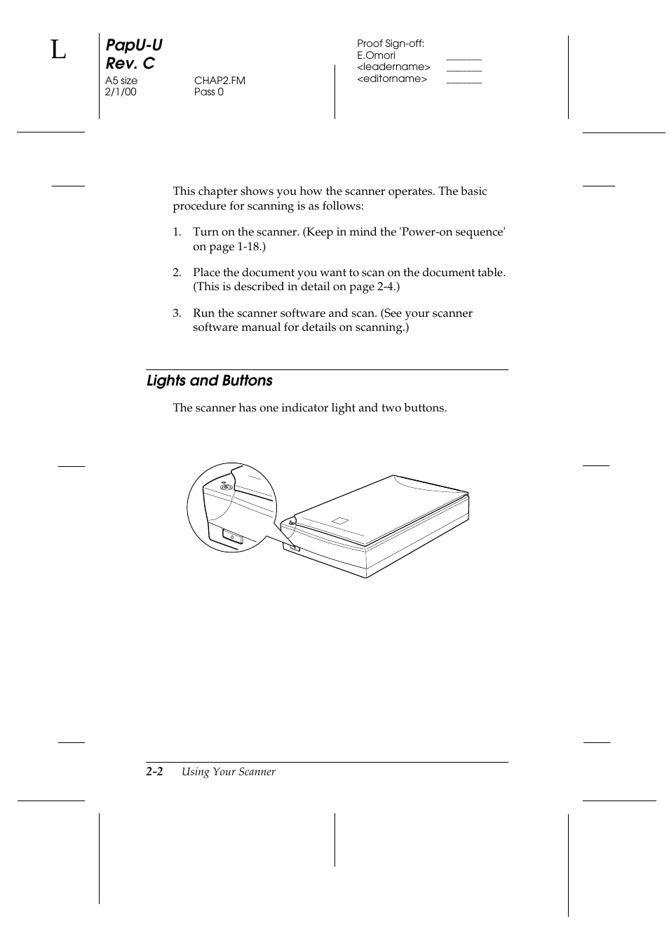 Lights and buttons, Lights and buttons -2, Papu-u rev. c | Epson GT-7000 User Manual | Page 38 / 120