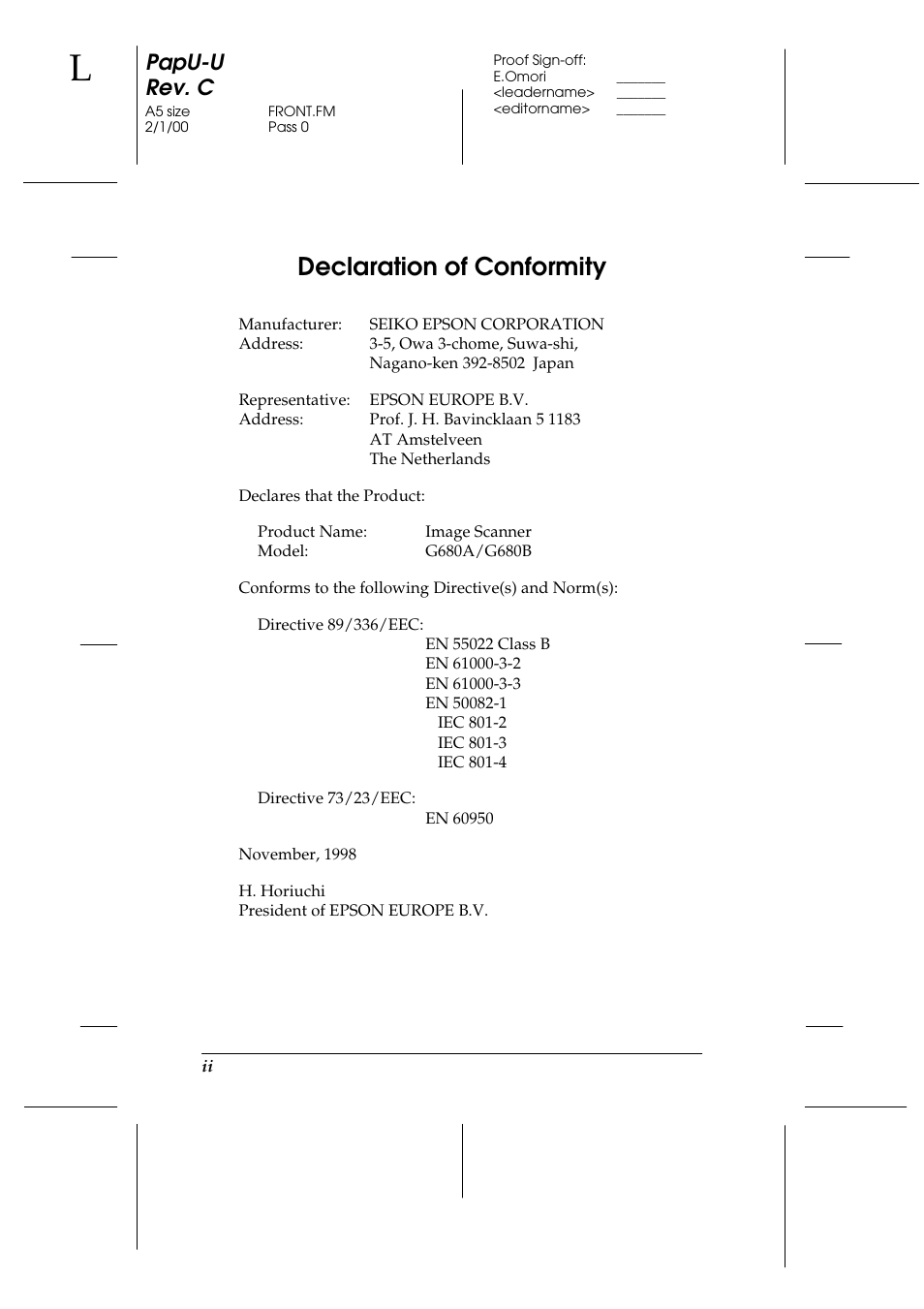 Declaration of conformity, Papu-u rev. c | Epson GT-7000 User Manual | Page 4 / 120
