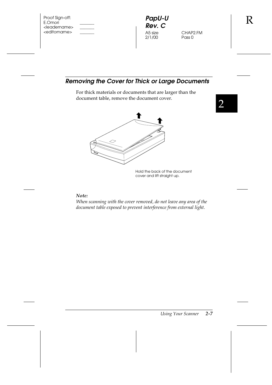 Removing the cover for thick or large documents, Removing the cover for thick or large documents -7, Papu-u rev. c | Epson GT-7000 User Manual | Page 43 / 120