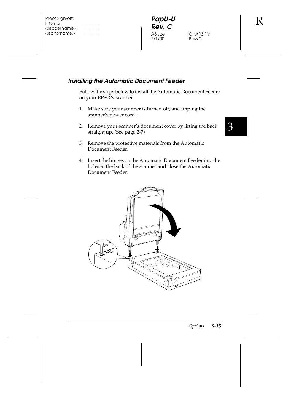 Installing the automatic document feeder, Installing the automatic document feeder -13, Papu-u rev. c | Epson GT-7000 User Manual | Page 59 / 120