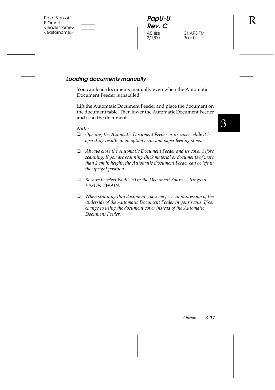 Loading documents manually, Loading documents manually -17, Papu-u rev. c | Epson GT-7000 User Manual | Page 63 / 120