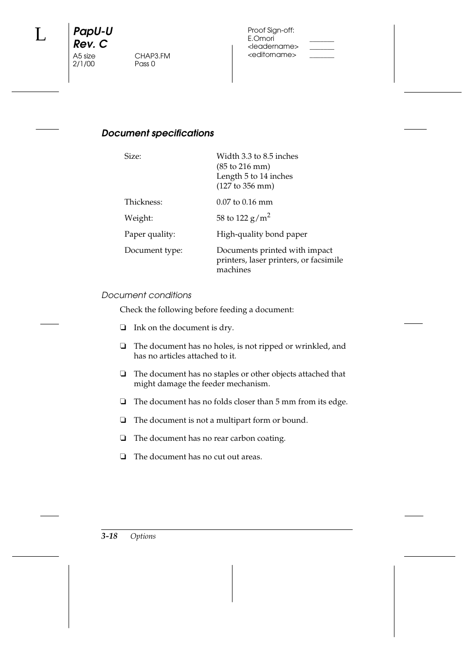 Document specifications, Document specifications -18, Papu-u rev. c | Epson GT-7000 User Manual | Page 64 / 120