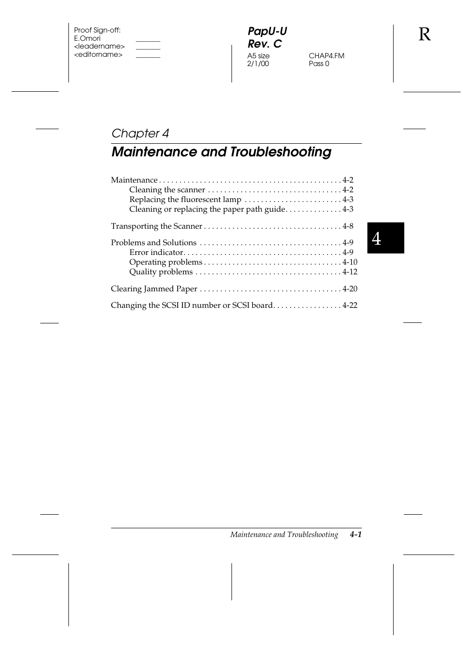 Maintenance and troubleshooting, Chapter 4, Papu-u rev. c | Epson GT-7000 User Manual | Page 67 / 120