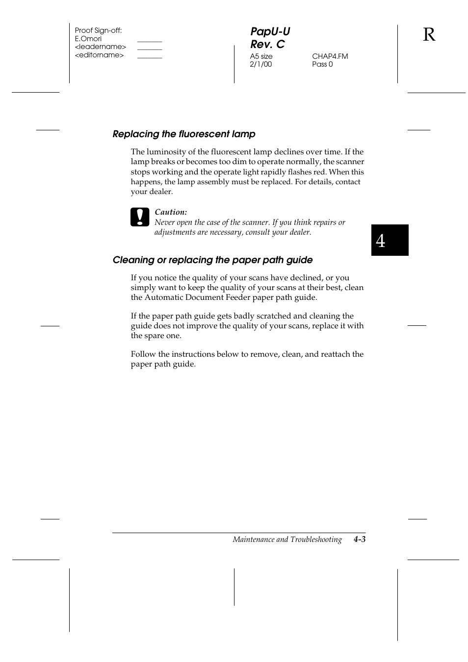 Replacing the fluorescent lamp, Cleaning or replacing the paper path guide, Replacing the fluorescent lamp -3 | Epson GT-7000 User Manual | Page 69 / 120