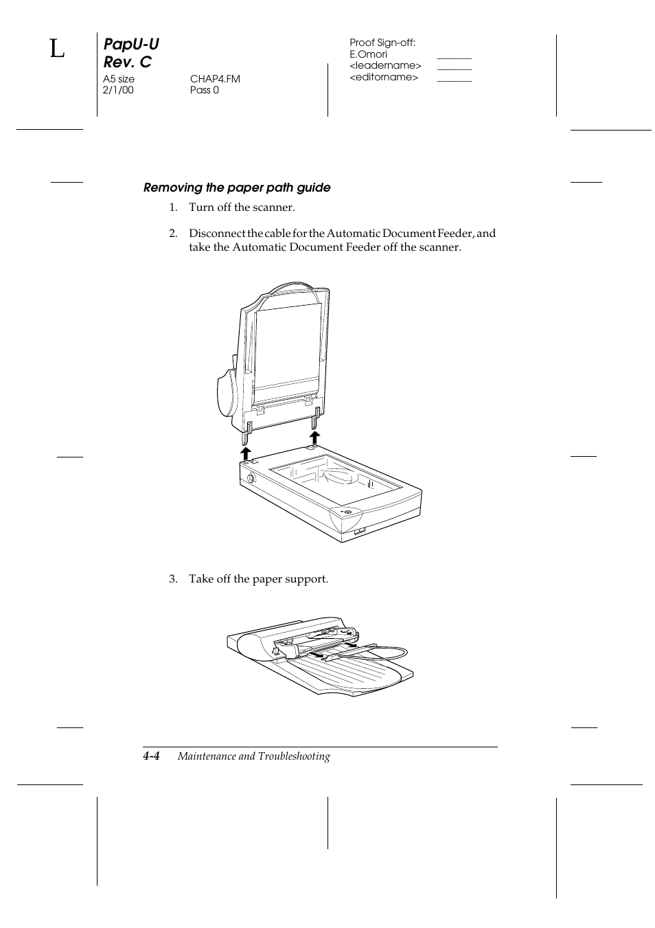 Removing the paper path guide, Papu-u rev. c | Epson GT-7000 User Manual | Page 70 / 120