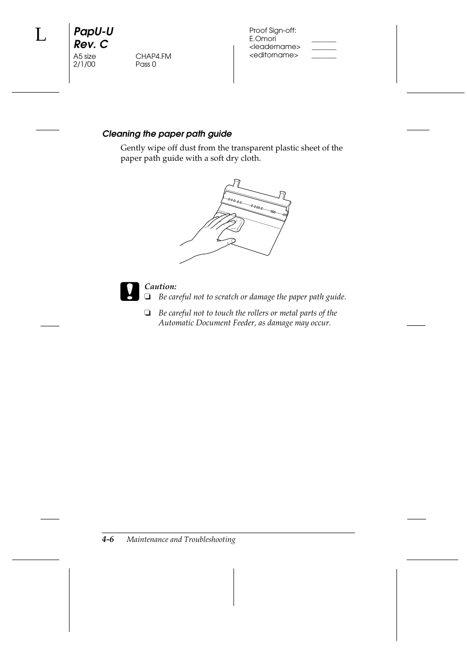 Cleaning the paper path guide, Papu-u rev. c | Epson GT-7000 User Manual | Page 72 / 120