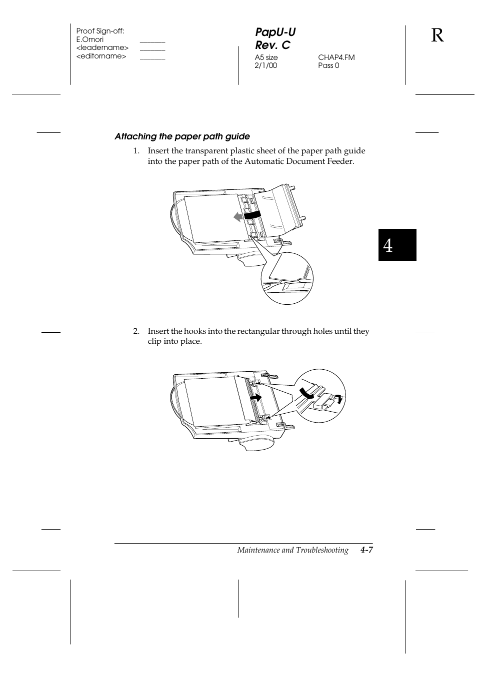 Attaching the paper path guide, Papu-u rev. c | Epson GT-7000 User Manual | Page 73 / 120