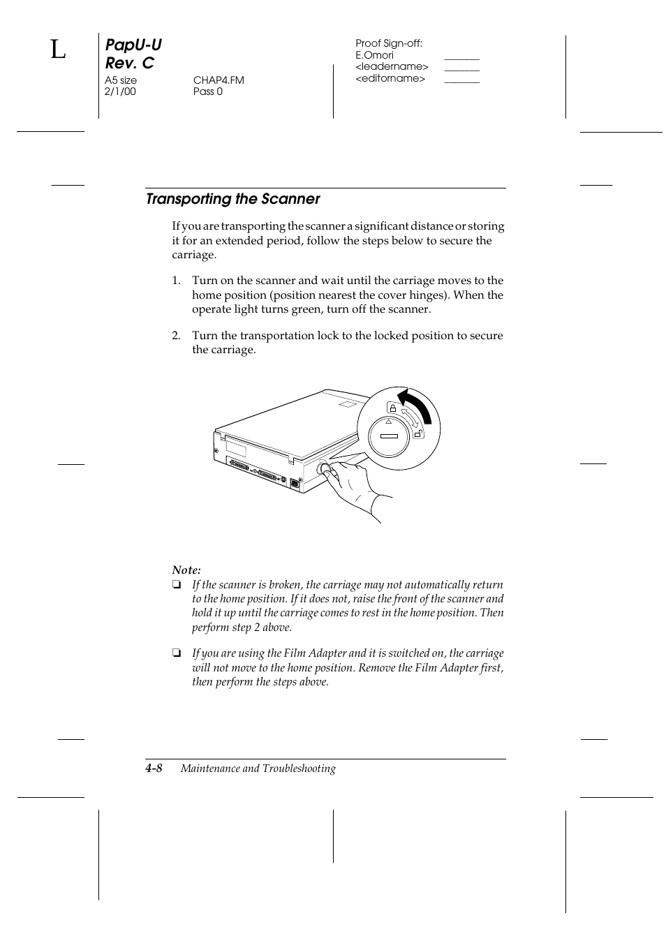 Transporting the scanner, Transporting the scanner -8, Index | Papu-u rev. c | Epson GT-7000 User Manual | Page 74 / 120