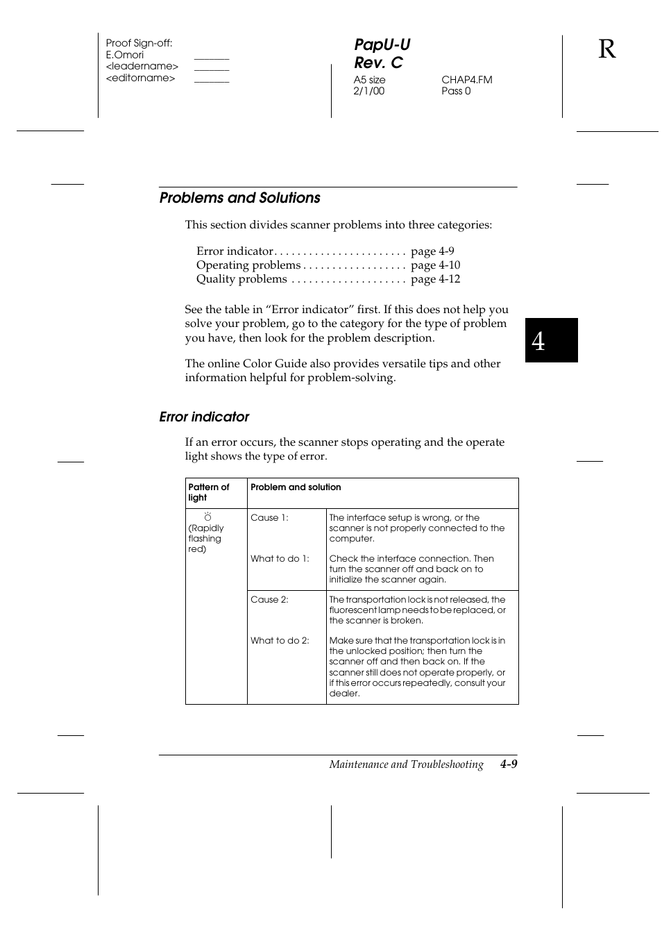 Problems and solutions, Error indicator, Problems and solutions -9 | Error indicator -9, Papu-u rev. c | Epson GT-7000 User Manual | Page 75 / 120