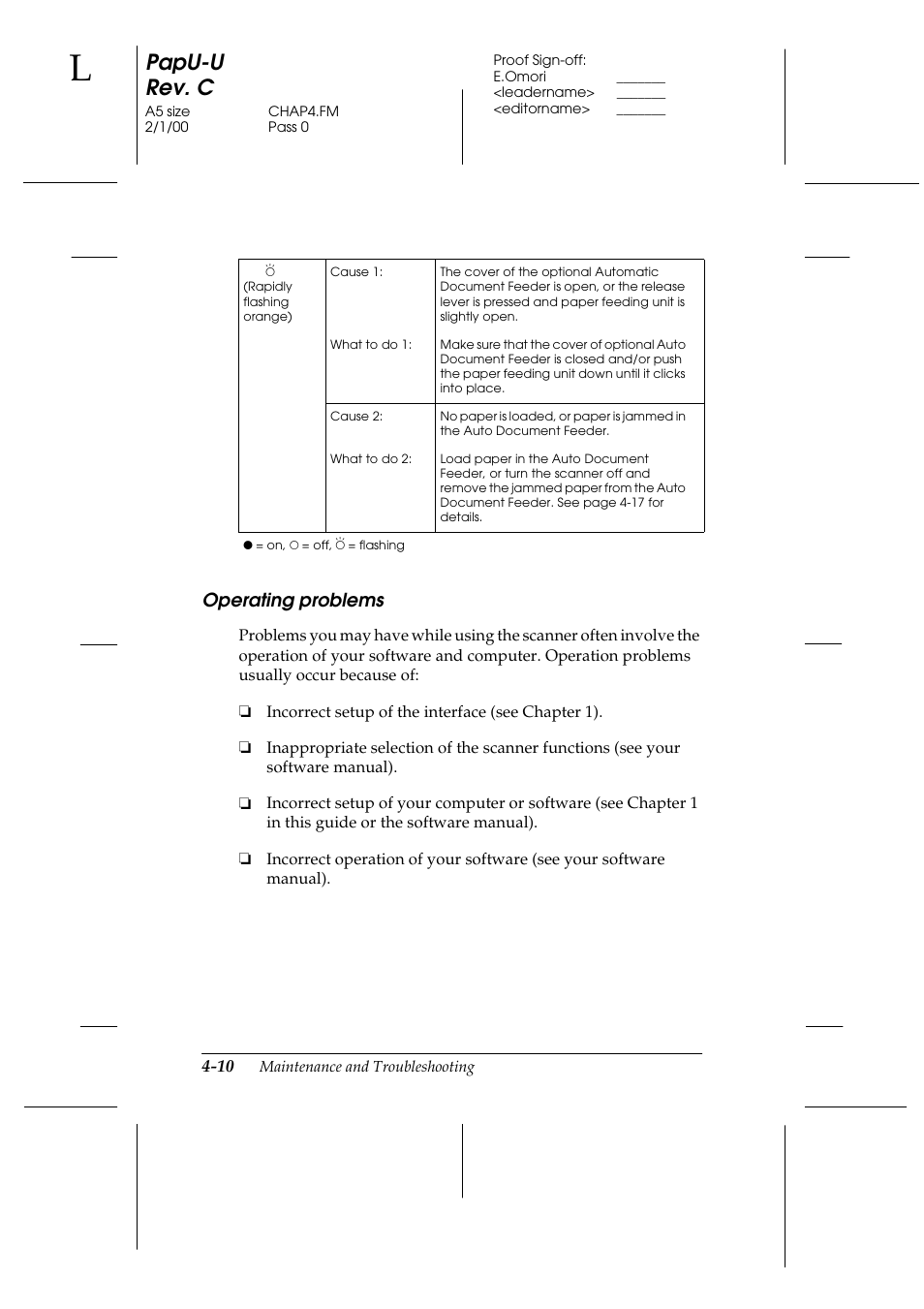 Operating problems, Operating problems -10, Papu-u rev. c | Epson GT-7000 User Manual | Page 76 / 120