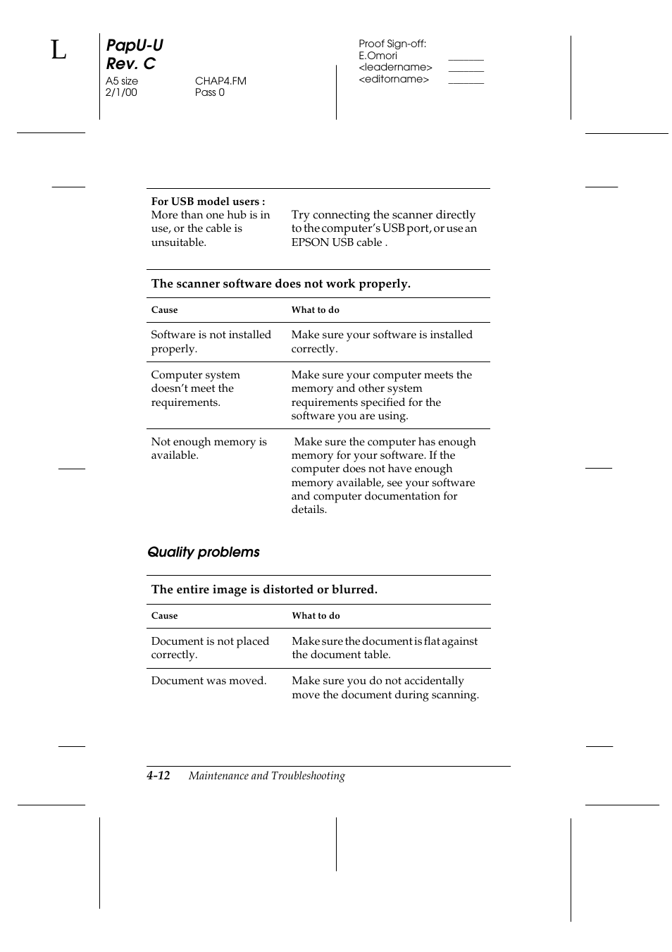 Quality problems, Quality problems -12, Papu-u rev. c | Epson GT-7000 User Manual | Page 78 / 120