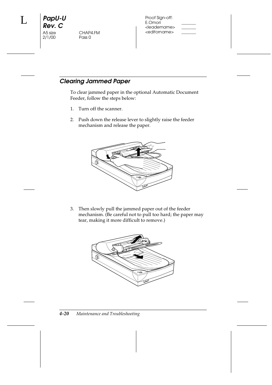 Clearing jammed paper, Clearing jammed paper -20, Papu-u rev. c | Epson GT-7000 User Manual | Page 86 / 120