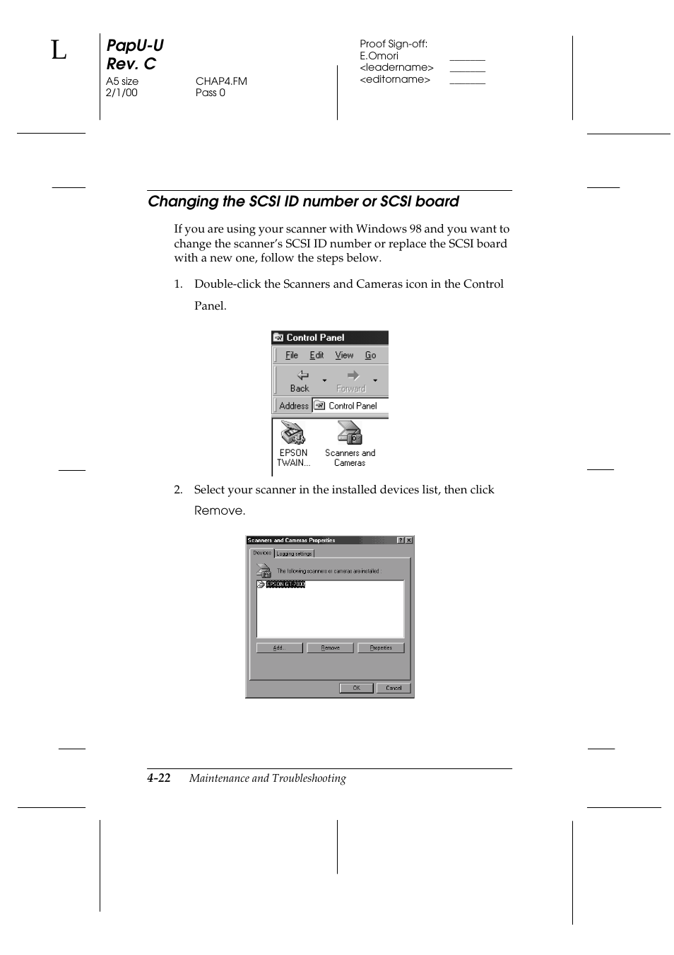 Changing the scsi id number or scsi board, Changing the scsi id number or scsi board -22, Papu-u rev. c | Epson GT-7000 User Manual | Page 88 / 120