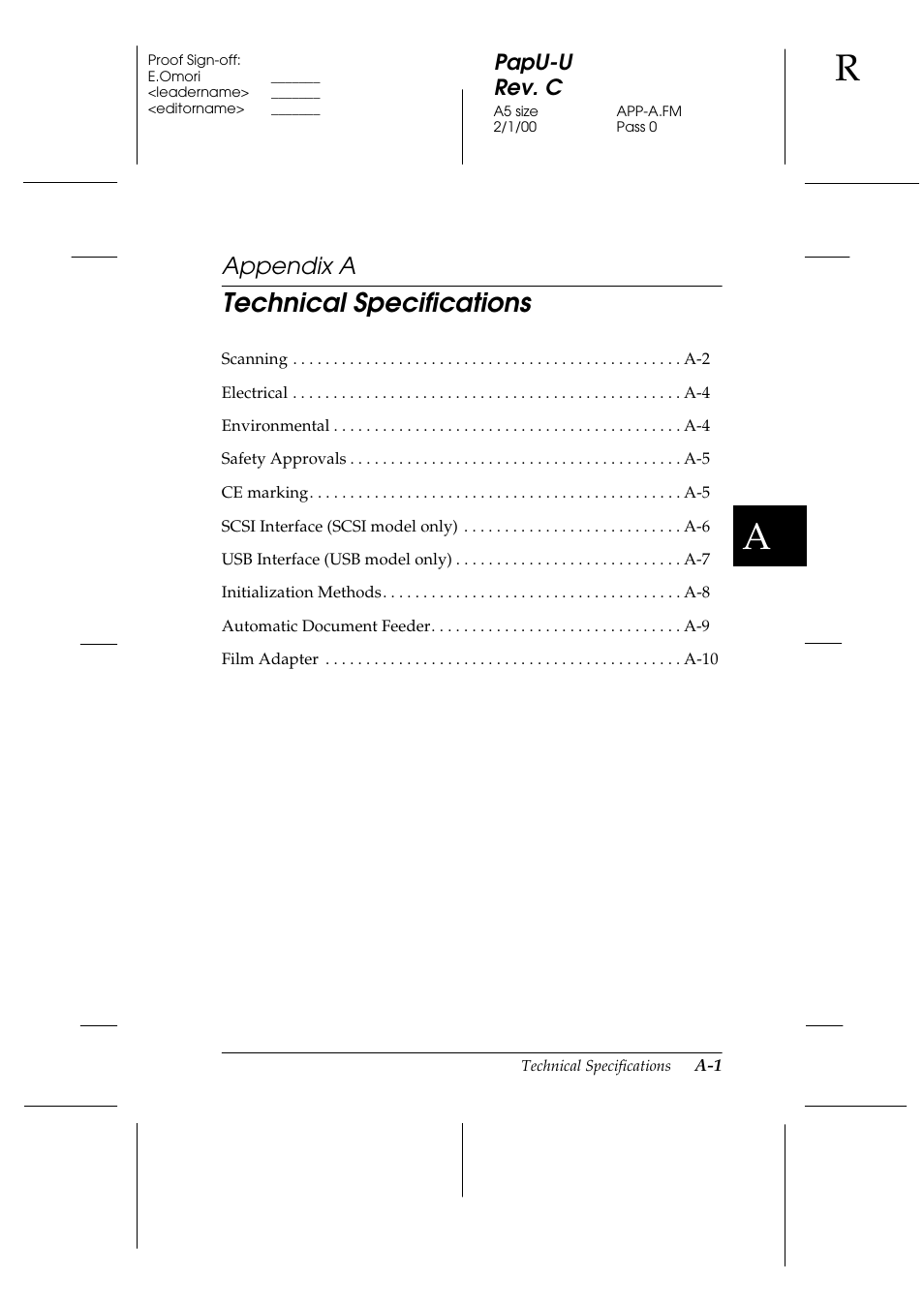 A. technical specifications, Appendix a, Technical specifications | Papu-u rev. c | Epson GT-7000 User Manual | Page 91 / 120