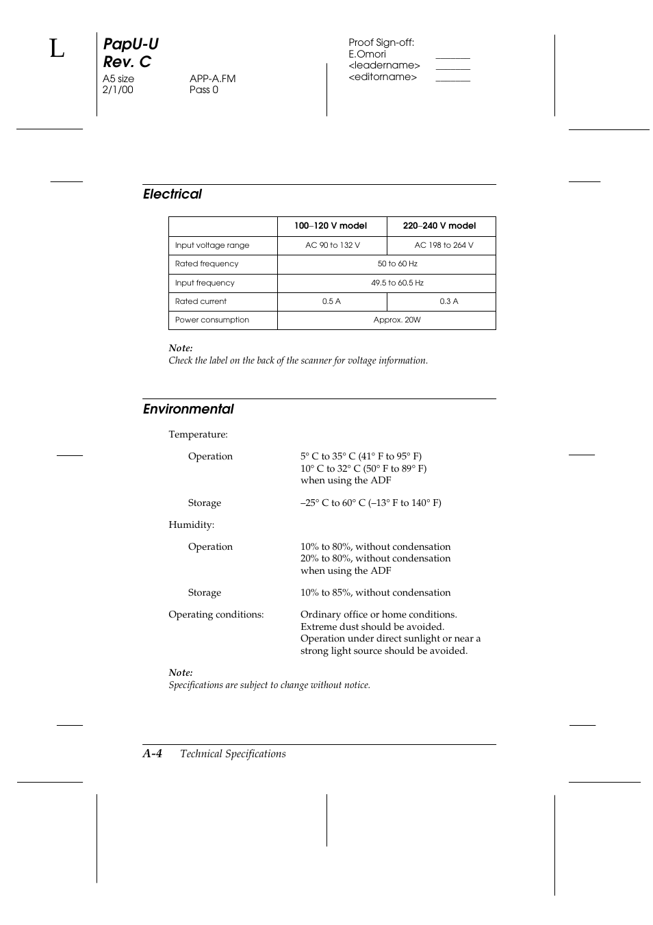 Electrical, Environmental, Papu-u rev. c | Epson GT-7000 User Manual | Page 94 / 120