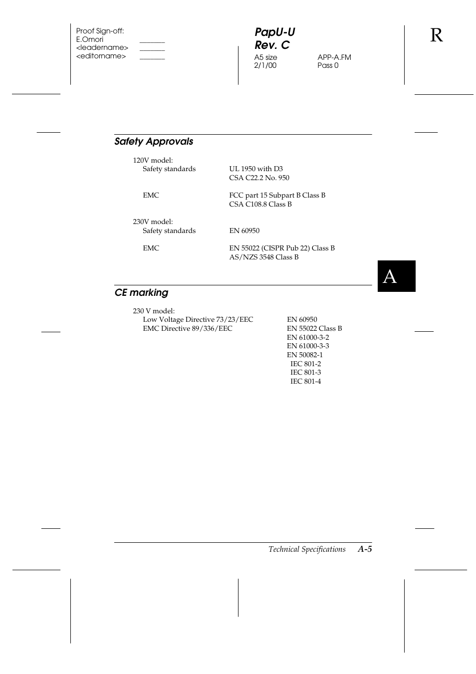 Safety approvals, Ce marking, Papu-u rev. c | Epson GT-7000 User Manual | Page 95 / 120