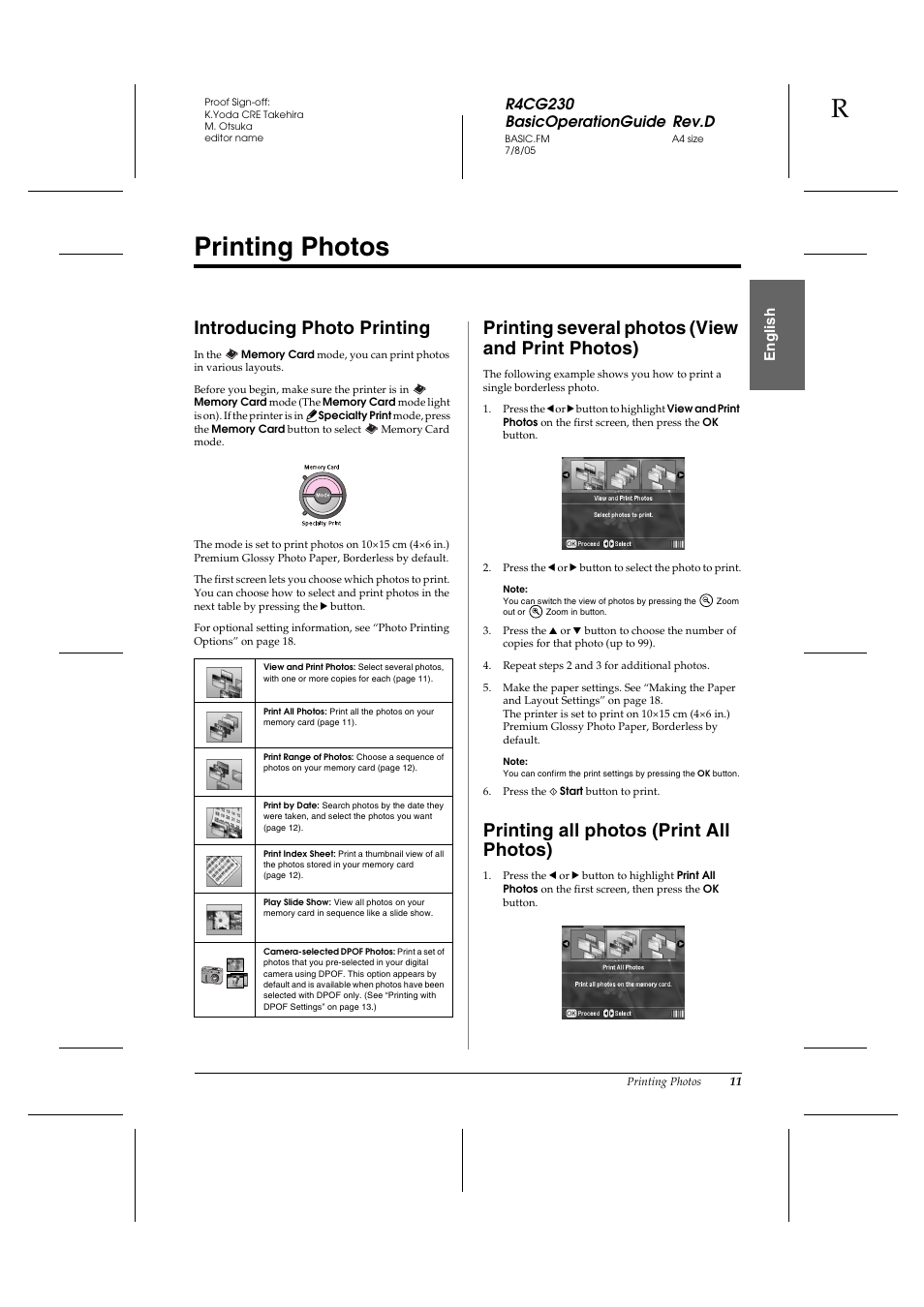 Printing photos, Introducing photo printing, Printing several photos (view and print photos) | Printing all photos (print all photos) | Epson R340 User Manual | Page 11 / 40