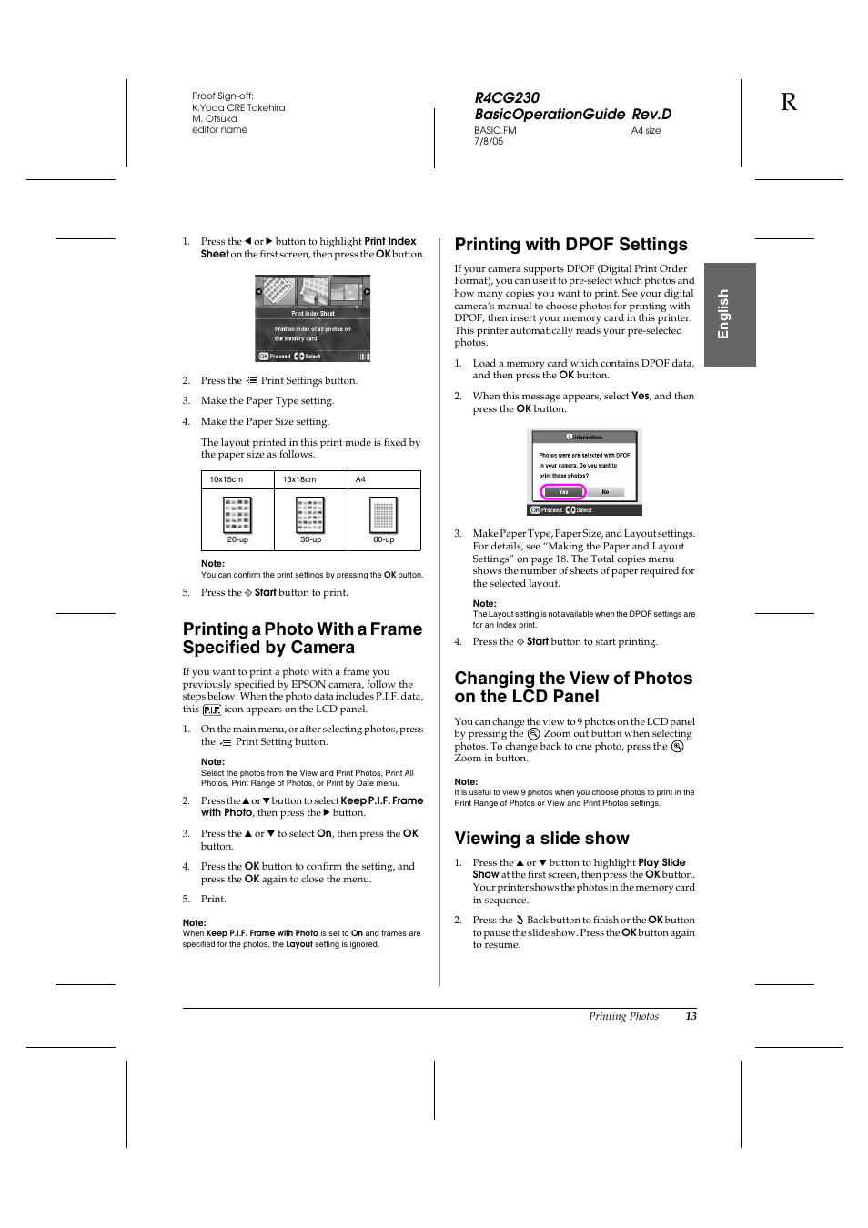 Printing a photo with a frame specified by camera, Printing with dpof settings, Changing the view of photos on the lcd panel | Viewing a slide show, R4cg230 basicoperationguide rev.d, En g lis h | Epson R340 User Manual | Page 13 / 40