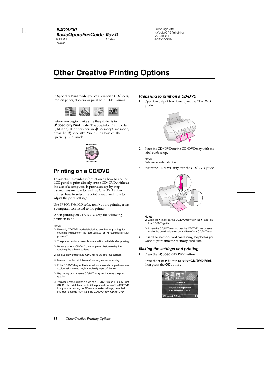 Other creative printing options, Printing on a cd/dvd, R4cg230 basicoperationguide rev.d | Epson R340 User Manual | Page 14 / 40
