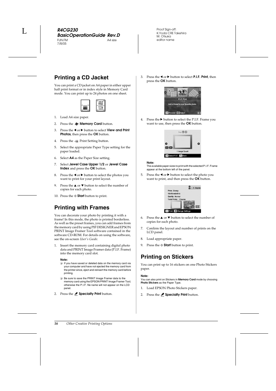 Printing a cd jacket, Printing with frames, Printing on stickers | R4cg230 basicoperationguide rev.d | Epson R340 User Manual | Page 16 / 40