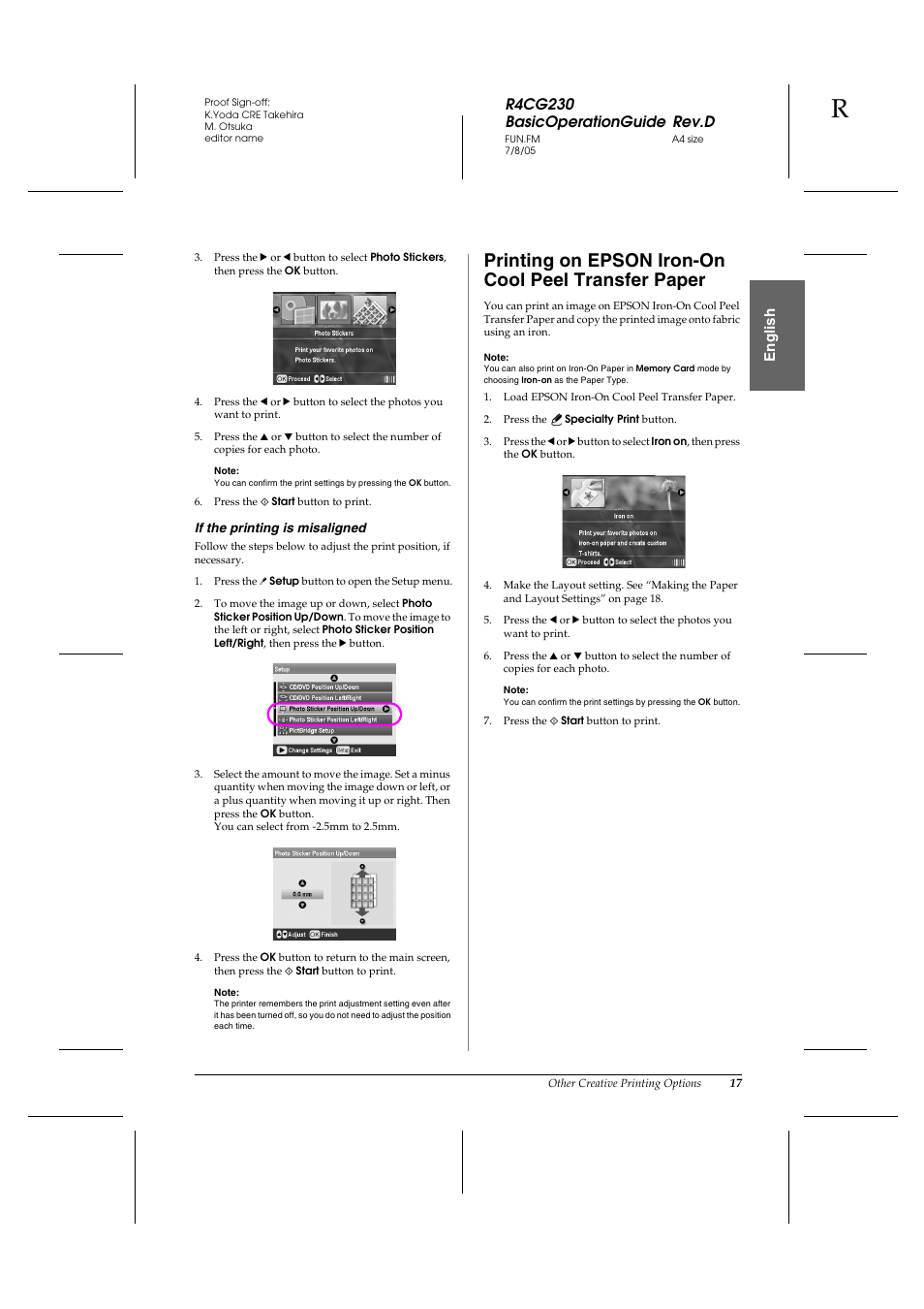 Printing on epson iron-on cool peel transfer paper, R4cg230 basicoperationguide rev.d, En g lis h | Epson R340 User Manual | Page 17 / 40