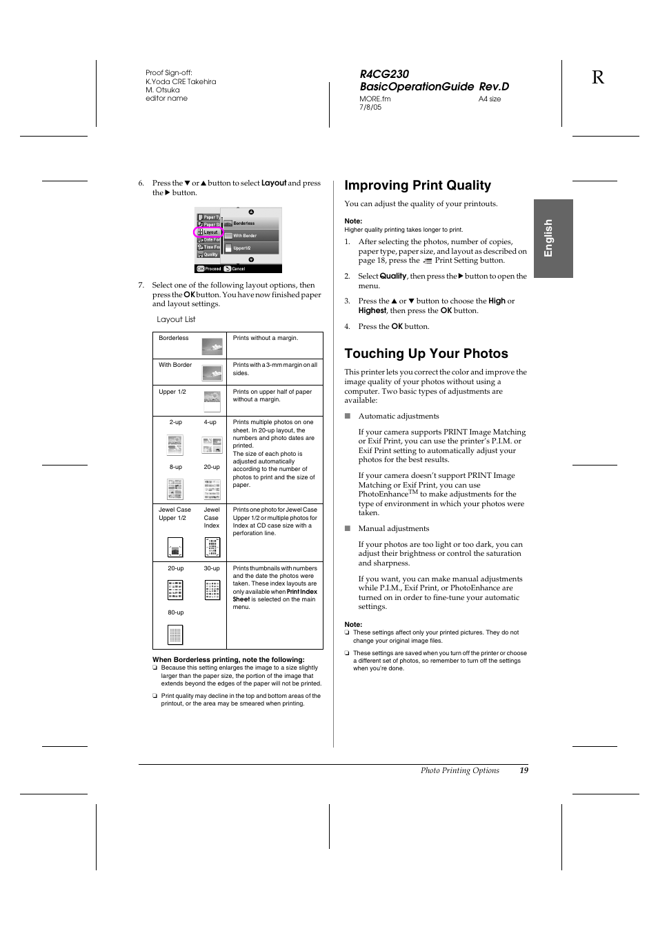 Improving print quality, Touching up your photos, R4cg230 basicoperationguide rev.d | En g lis h | Epson R340 User Manual | Page 19 / 40