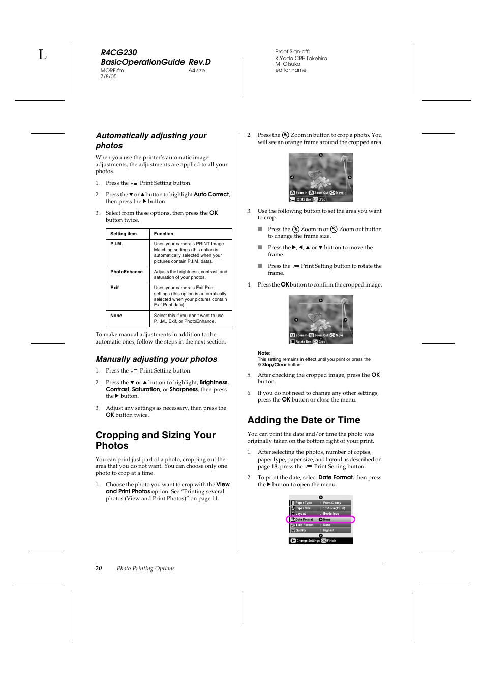 Cropping and sizing your photos, Adding the date or time, R4cg230 basicoperationguide rev.d | Automatically adjusting your photos, Manually adjusting your photos | Epson R340 User Manual | Page 20 / 40