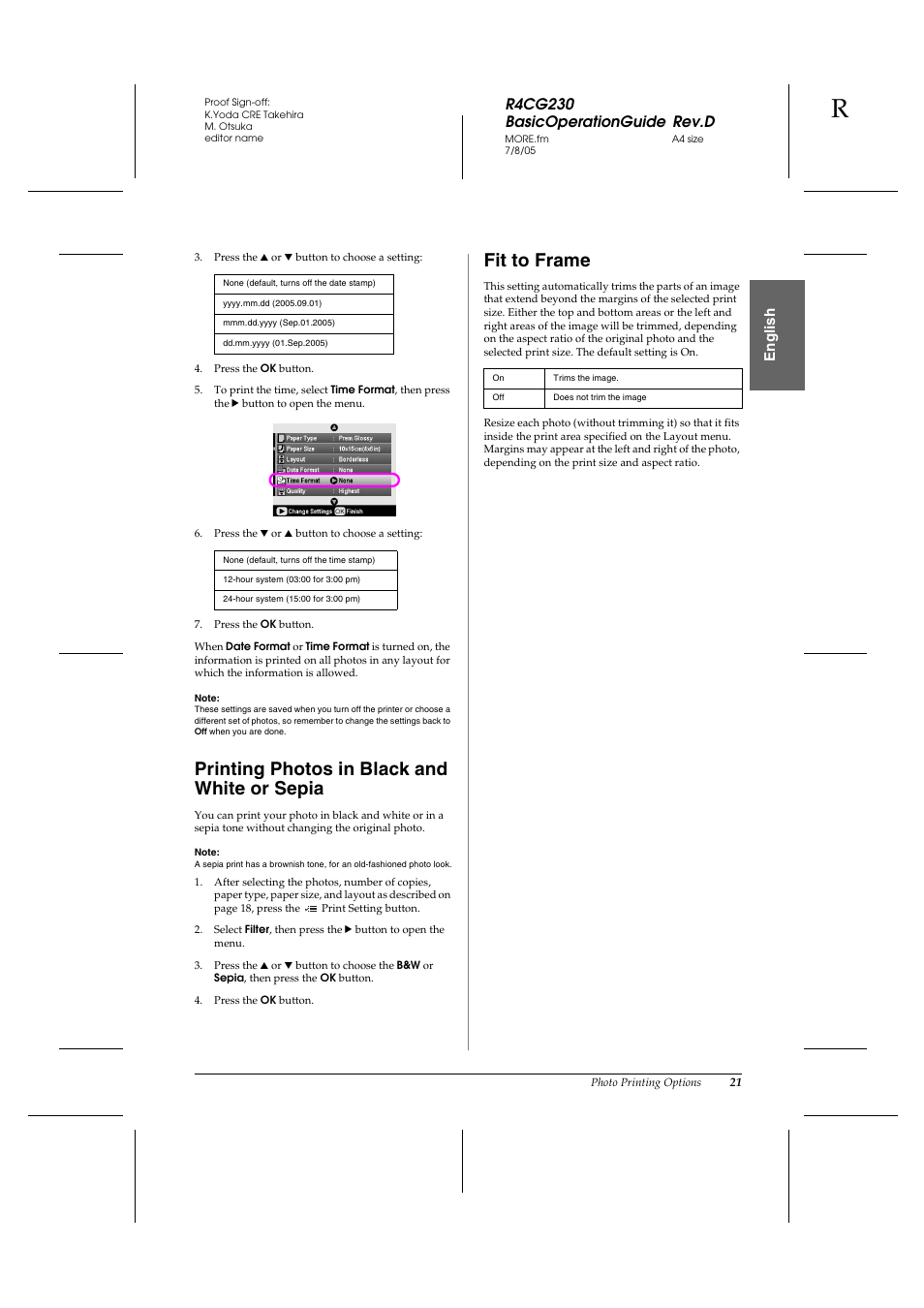 Printing photos in black and white or sepia, Fit to frame, R4cg230 basicoperationguide rev.d | En g lis h | Epson R340 User Manual | Page 21 / 40