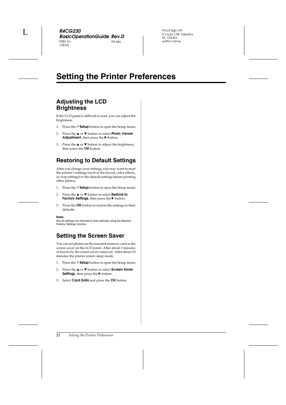 Setting the printer preferences, Adjusting the lcd brightness, Restoring to default settings | Setting the screen saver | Epson R340 User Manual | Page 22 / 40
