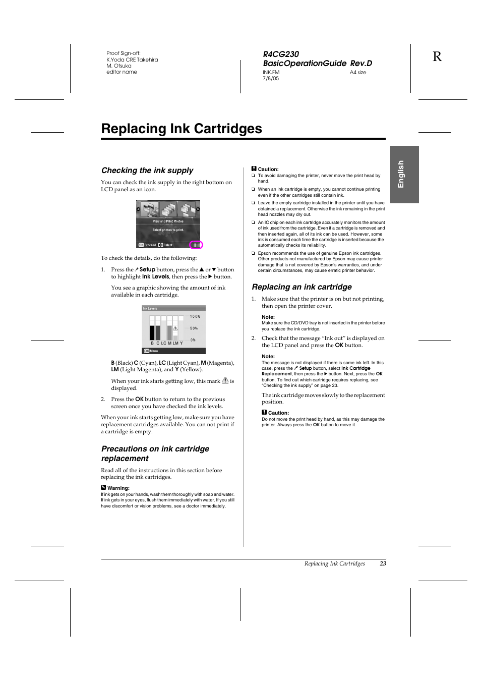 Replacing ink cartridges, R4cg230 basicoperationguide rev.d, En g lis h | Checking the ink supply, Precautions on ink cartridge replacement, Replacing an ink cartridge | Epson R340 User Manual | Page 23 / 40