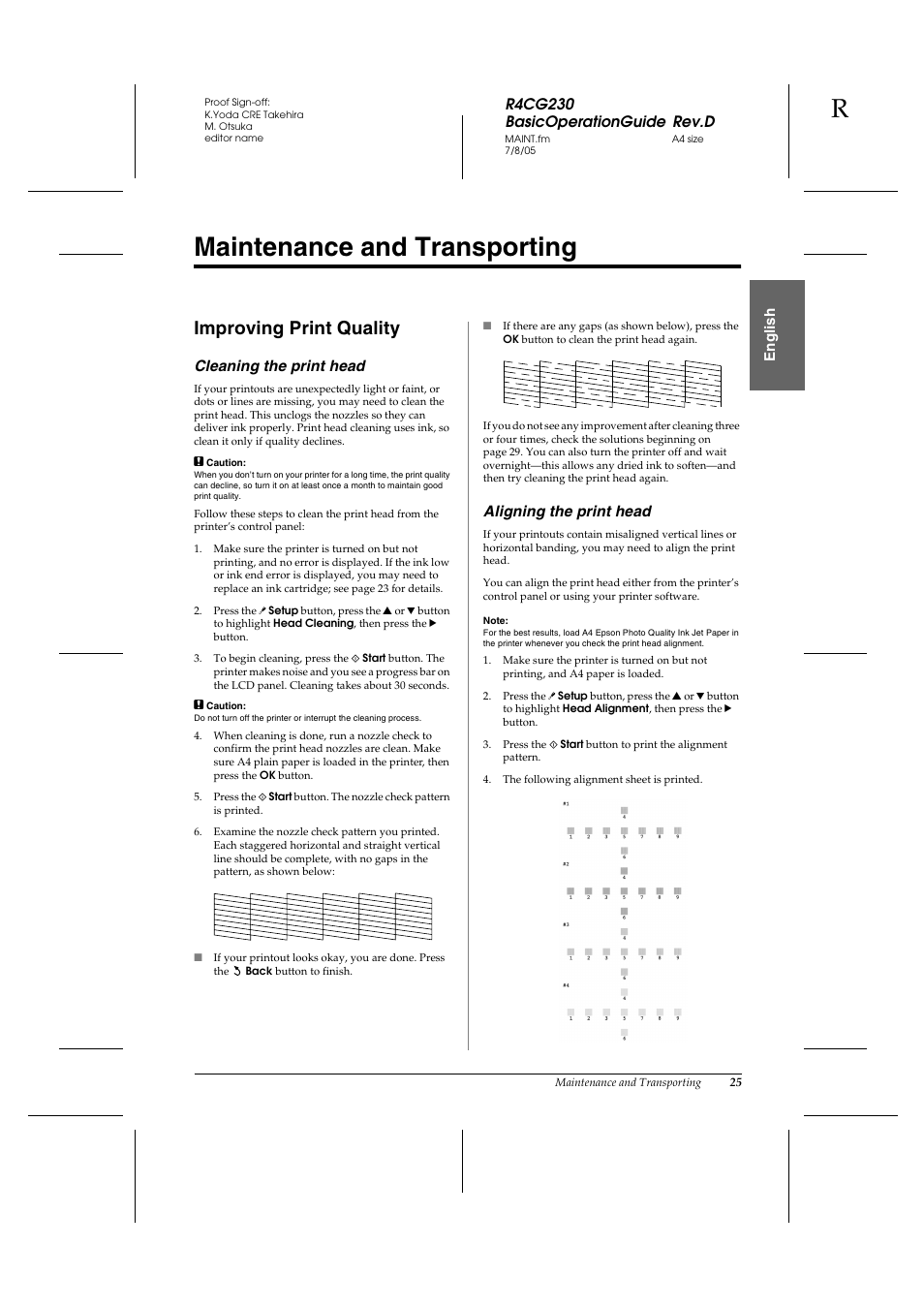 Maintenance and transporting, Improving print quality | Epson R340 User Manual | Page 25 / 40