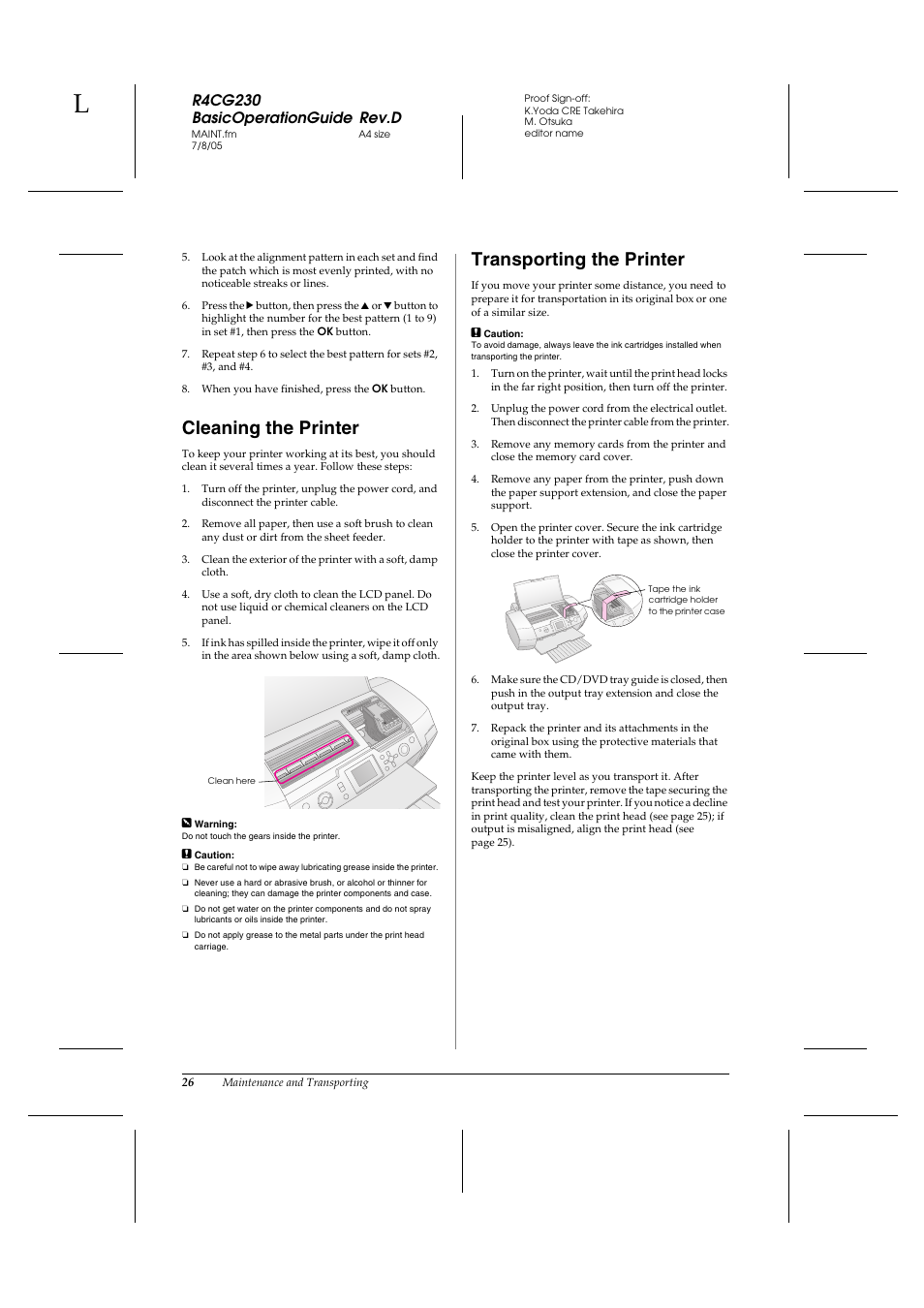 Cleaning the printer, Transporting the printer, R4cg230 basicoperationguide rev.d | Epson R340 User Manual | Page 26 / 40