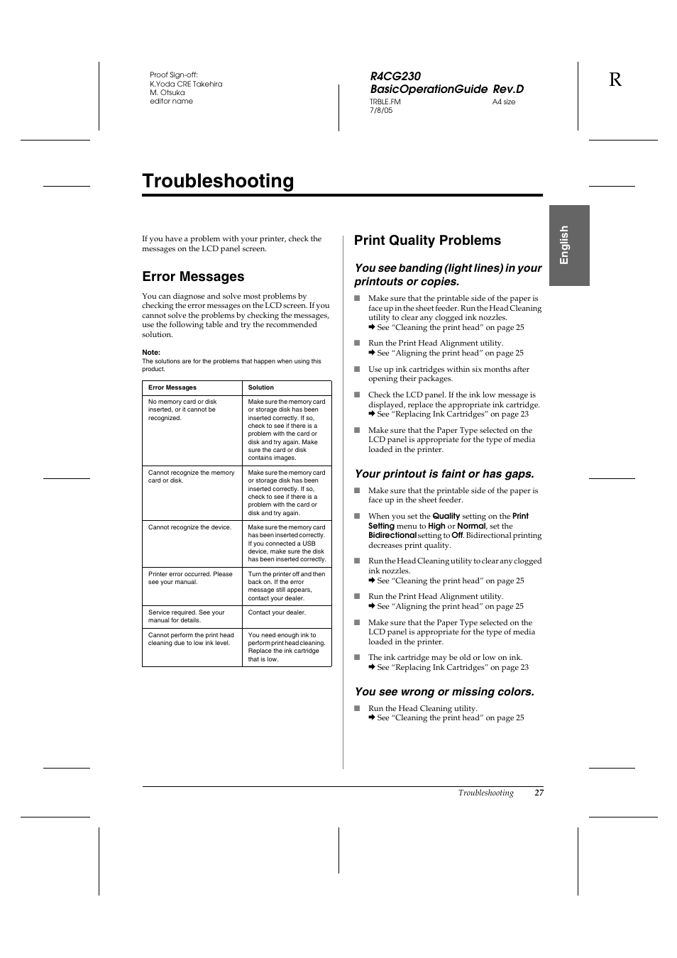 Troubleshooting, Error messages, Print quality problems | R4cg230 basicoperationguide rev.d, En g lis h, Your printout is faint or has gaps, You see wrong or missing colors | Epson R340 User Manual | Page 27 / 40