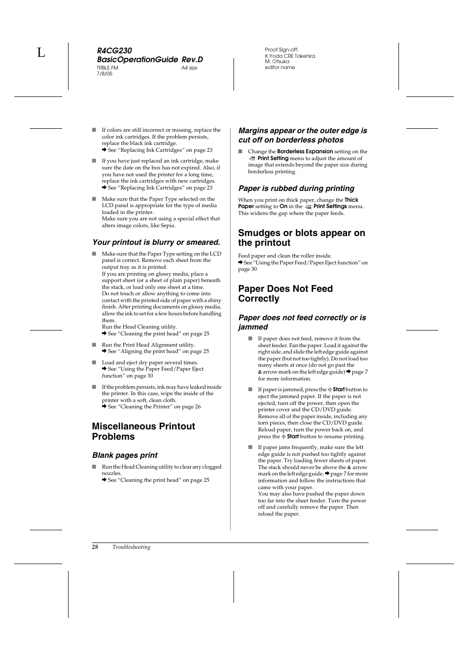 Miscellaneous printout problems, Smudges or blots appear on the printout, Paper does not feed correctly | Epson R340 User Manual | Page 28 / 40