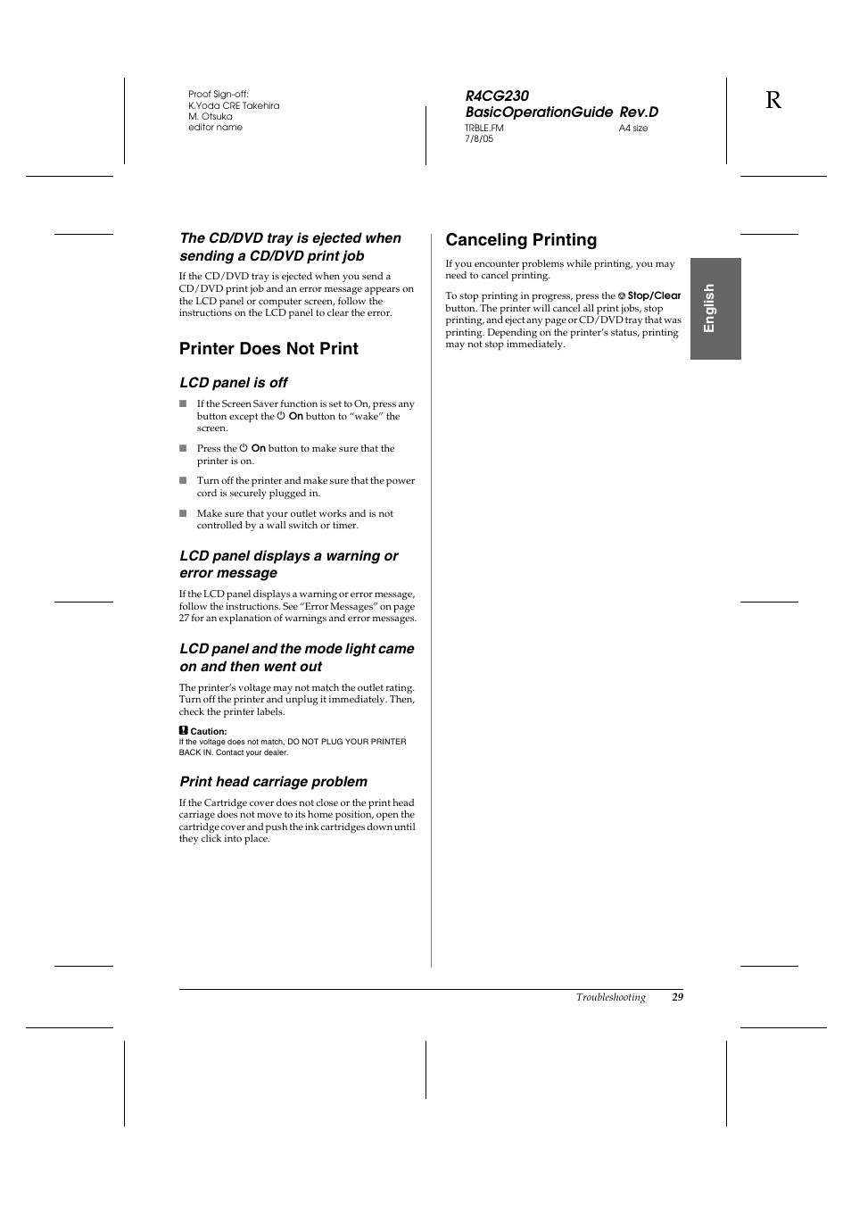 Printer does not print, Canceling printing | Epson R340 User Manual | Page 29 / 40