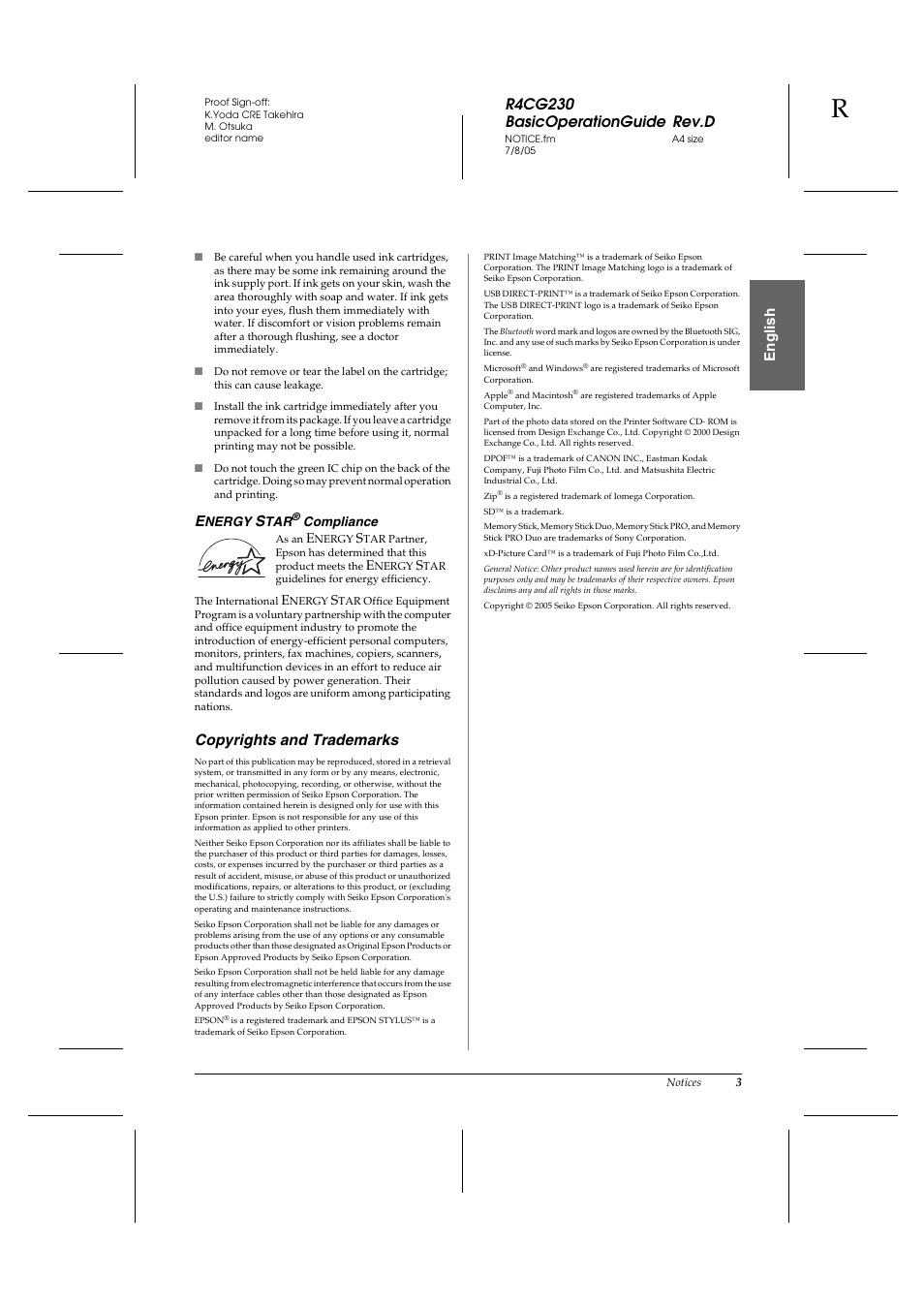 R4cg230 basicoperationguide rev.d, En g lis h, Copyrights and trademarks | Epson R340 User Manual | Page 3 / 40