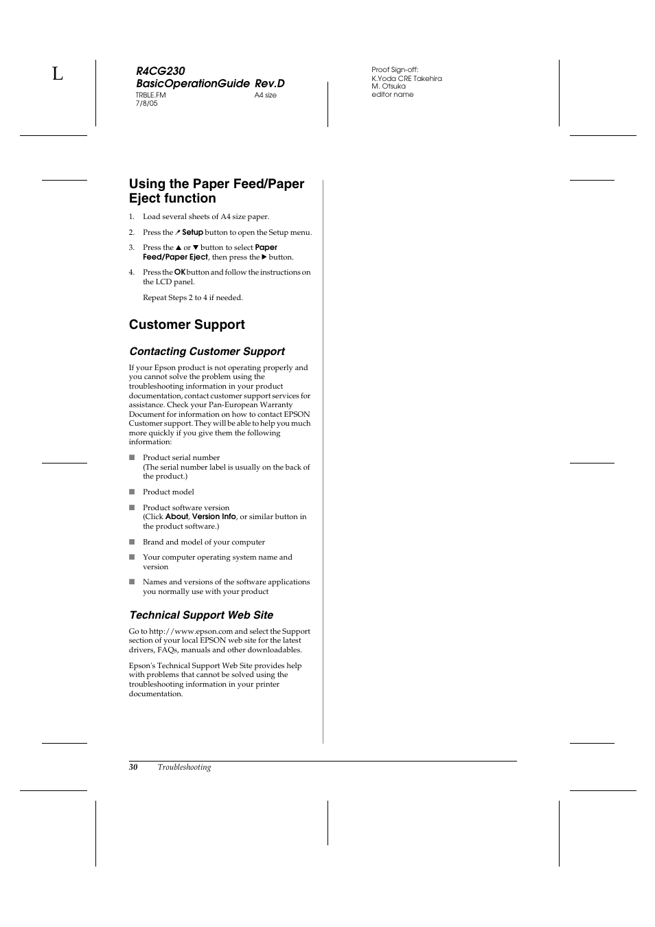 Using the paper feed/paper eject function, Customer support | Epson R340 User Manual | Page 30 / 40