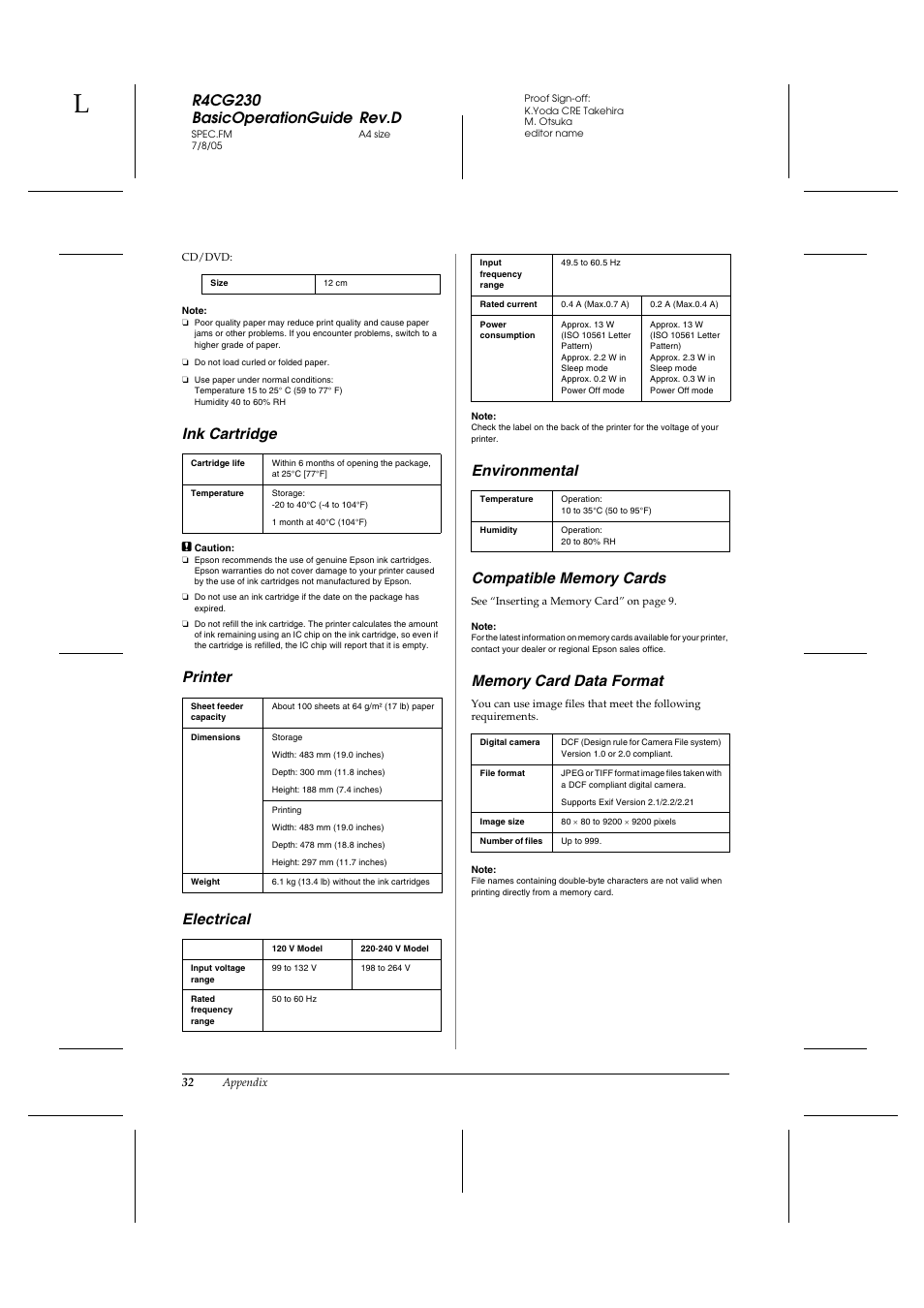 R4cg230 basicoperationguide rev.d, Ink cartridge, Printer electrical | Epson R340 User Manual | Page 32 / 40